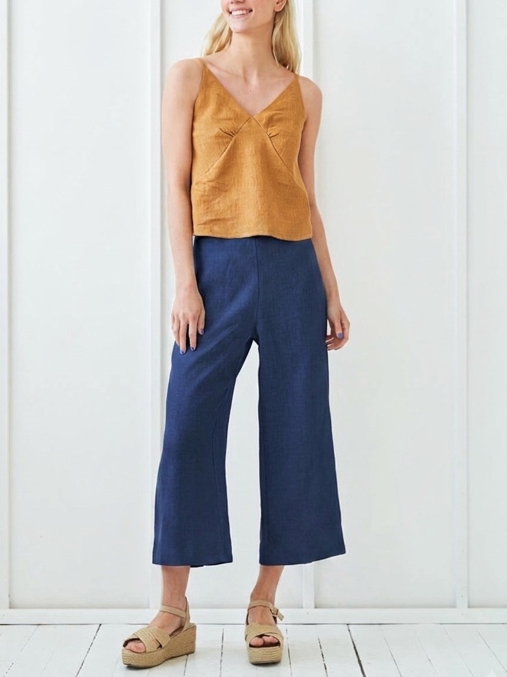 Linen HandMade Studio Navy Blue Wide Leg Riley Cropped Pants Large NWT